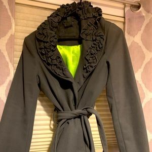 Cute women’s fall jacket.  Ruffle neck. Tie waist.  Grey. Gently used. Like new.